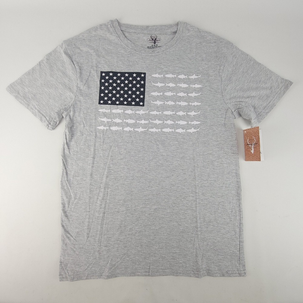 American Legends T Shirt USA Flag With Fish White Grey Large New‎